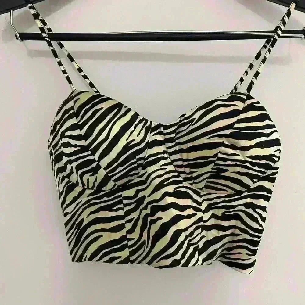 Sincerely Jules Zebra Crop Tank Top Adjustable Strap Black Stretch Leopard NWT